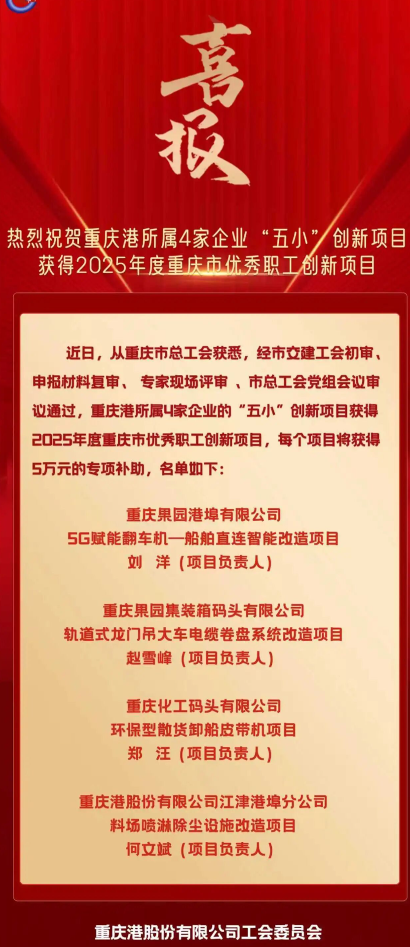 喜报！热烈祝贺黑料网
所属4家企业“五小”创新项目获得2025年度重庆市优秀职工创新项目